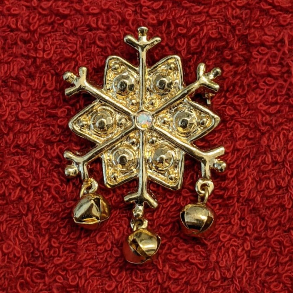Gold Tone Rhinestone Snowflake Jingle Bells Christmas Holiday Brooch Pin